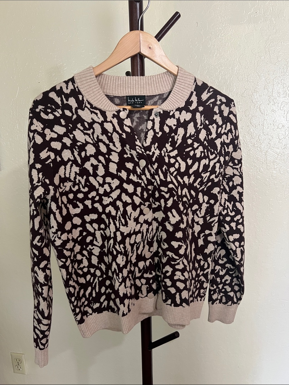 Nicole Miller Brown and Beige Animal-Print Cardigan